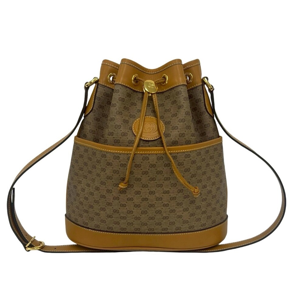 GUCCI Vintage Old Gucci Micro GG Pattern Logo Hardware Leather Drawstring Sho...